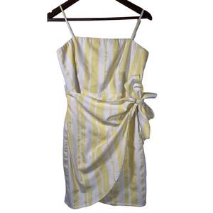 White Birch Large Linen & Cotton Yellow & White Stripe Faux Wrap Dress